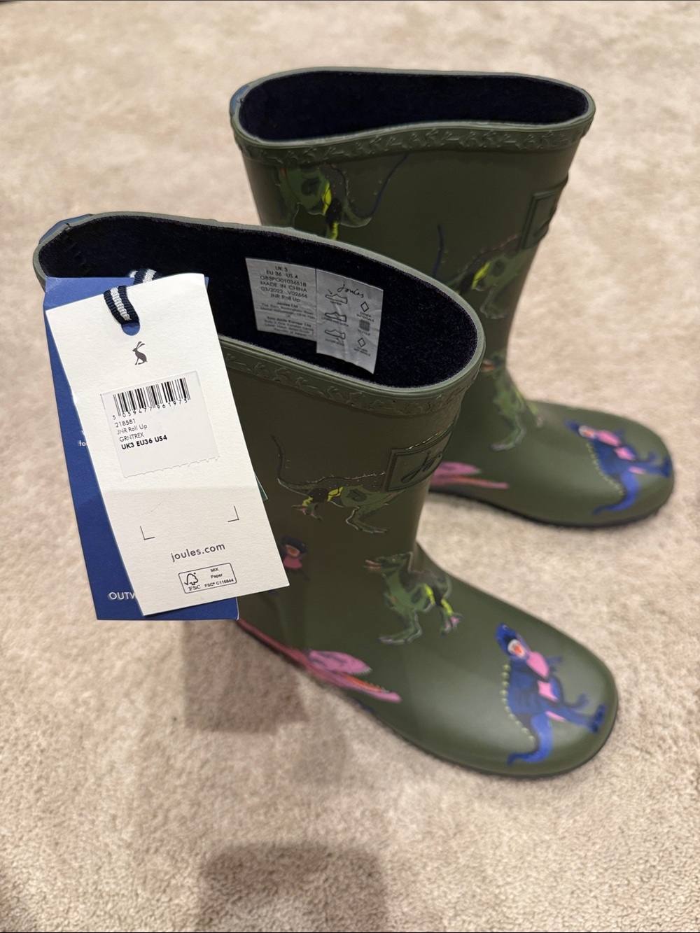 Joules Olive Green Kids' Rain Boots with Colorful Dino Accents